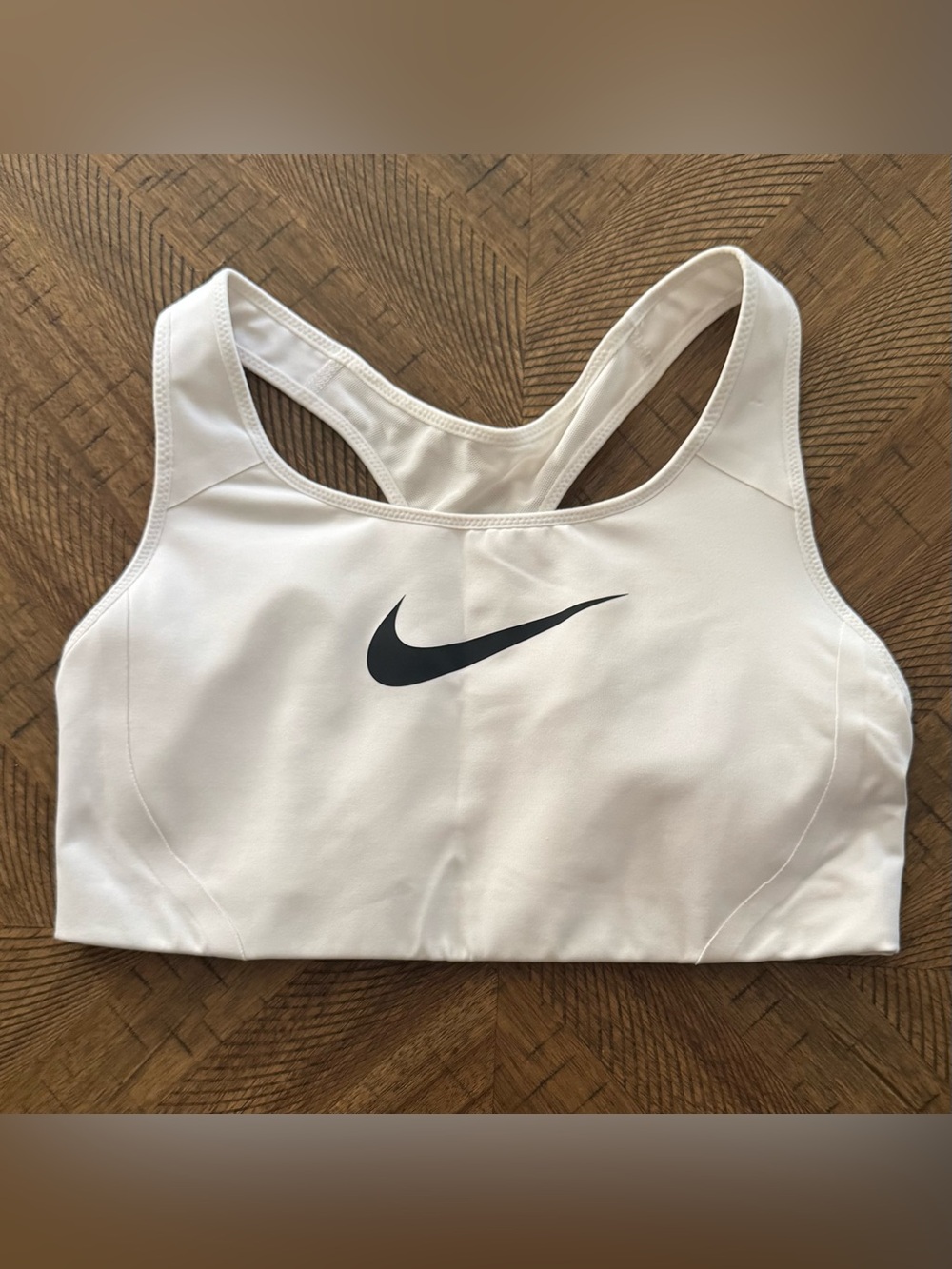 Nike White Racerback Sports Bra with Black Swoosh - size Large - Picture 12 of 13
